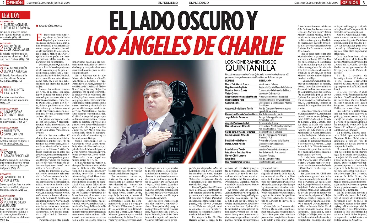 Doble página de elPeriódico del 2 de junio de 2008: «El lado oscuro y los ángeles de Charlie», sobre Carlos Quintanilla.