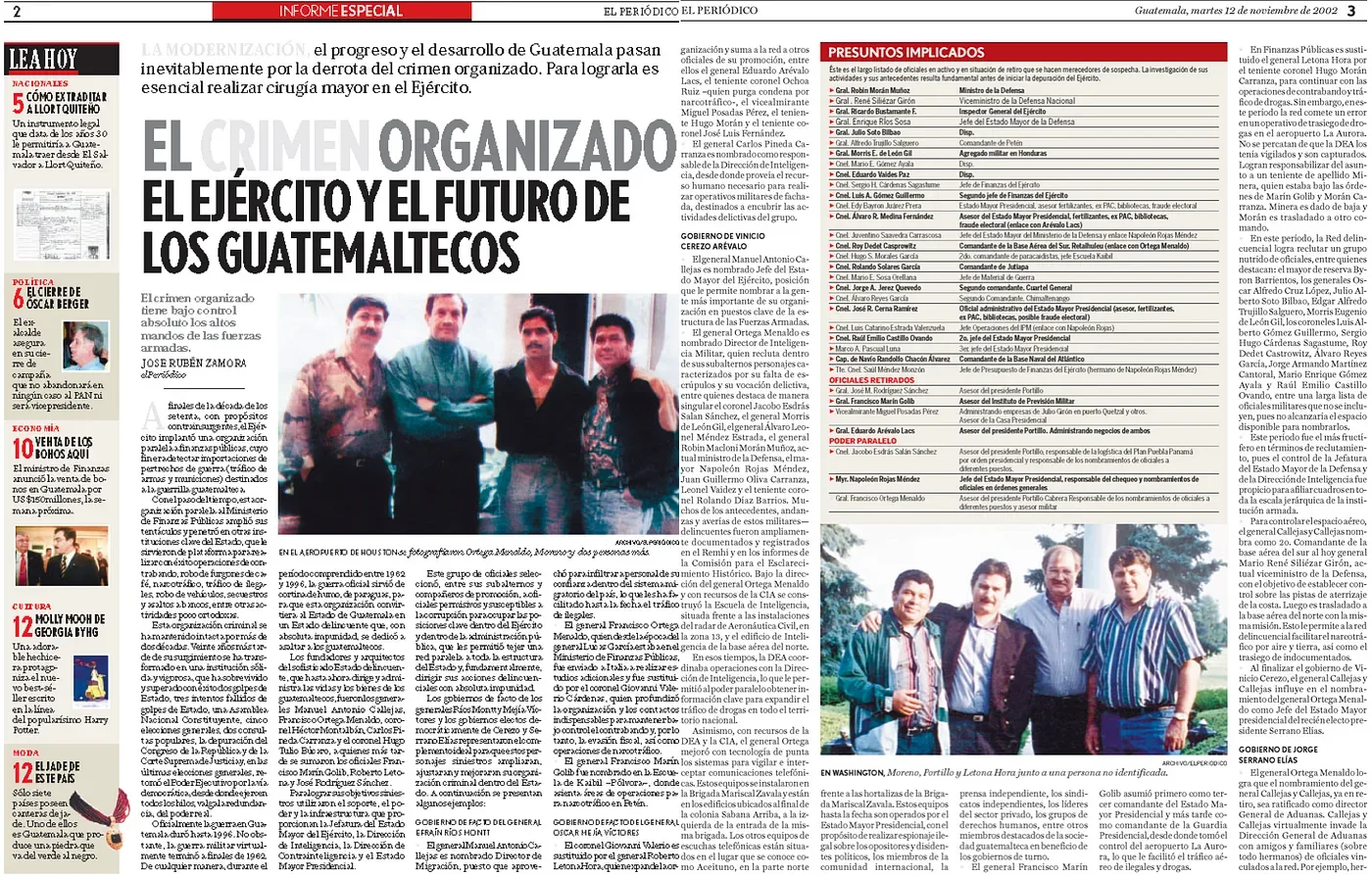 Doble página de elPeriódico del 12 de noviembre de 2002: «El crimen organizado, el ejército y el futuro de los guatemaltecos».